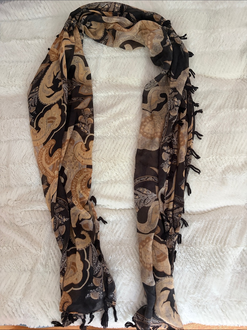 Source Unknown Black Scarf with Gold and Cream Paisley Print